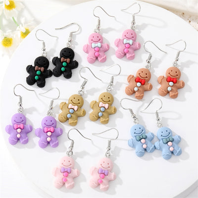 Cartoon Gingerbread Man Resin Earrings with Bow - Three-Dimensional Design