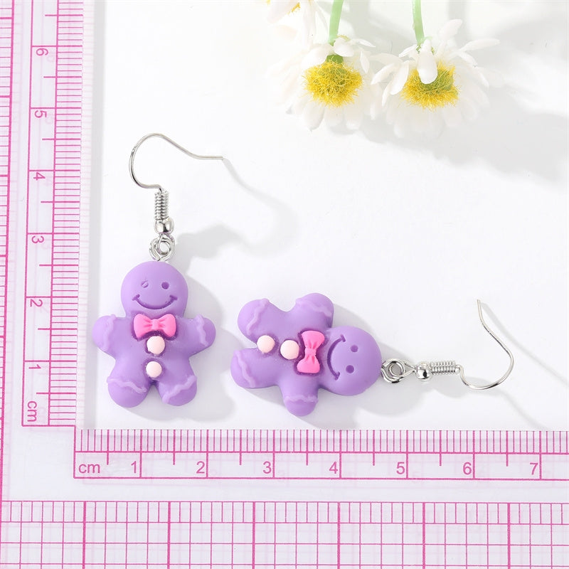 Cartoon Gingerbread Man Resin Earrings with Bow - Three-Dimensional Design