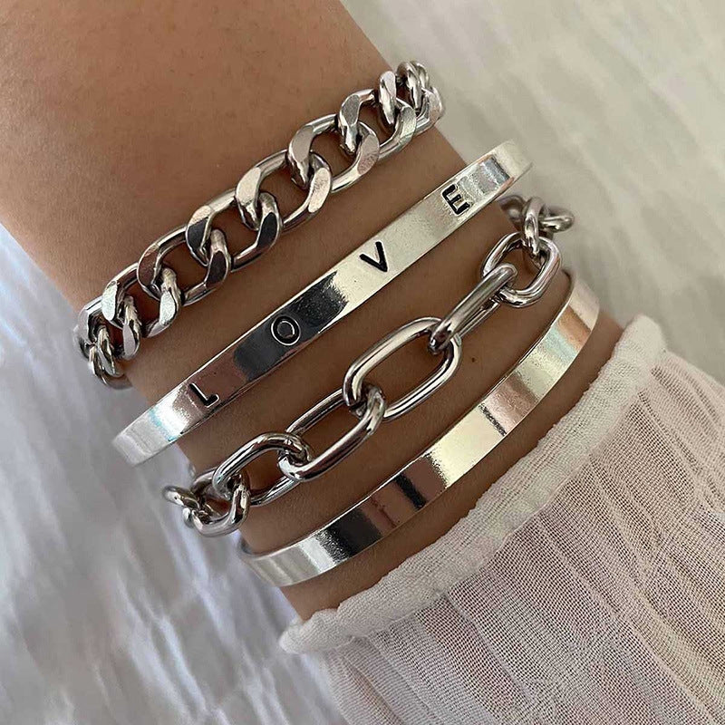 Heart Shaped Glossy Alphabet Chain Bracelet Set for Women