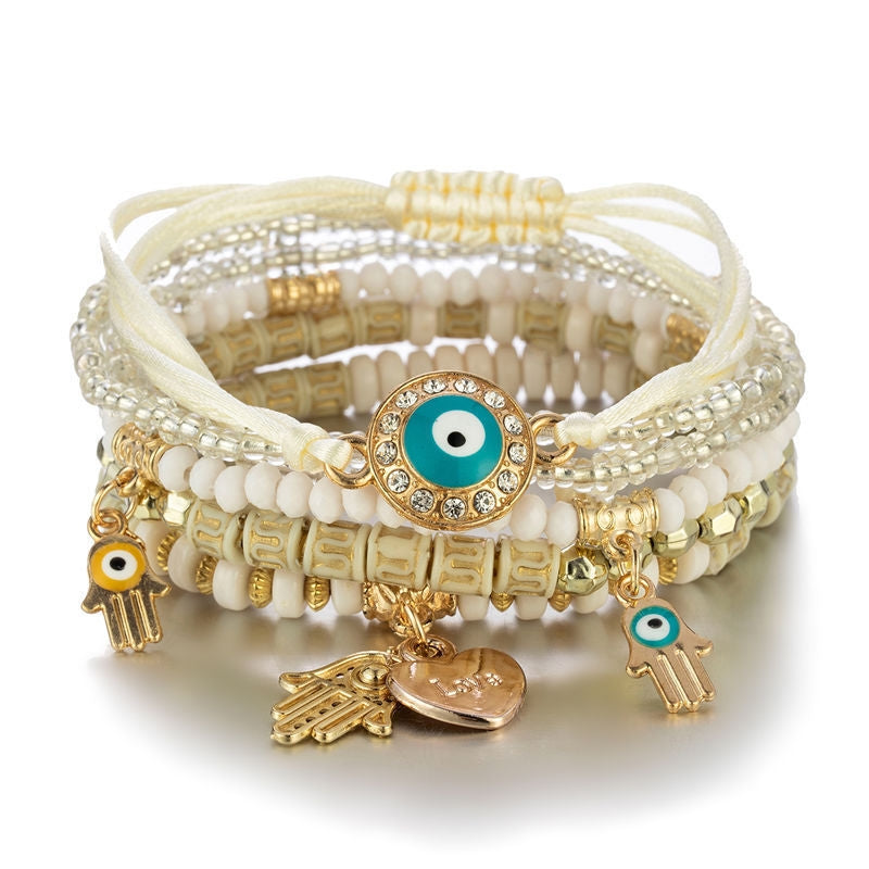 Bohemian Evil Eye Palm Multi-Layer Beaded Bracelet Set for Women