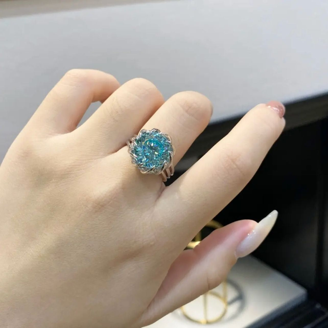 Paraiba Blue-Green Diamond Lotus Copper Adjustable Ring