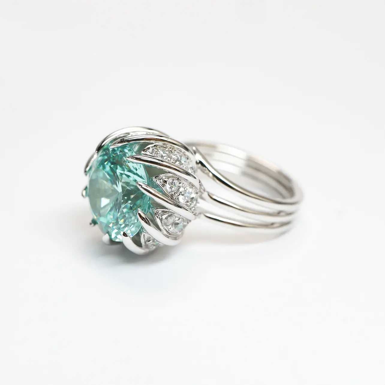 Paraiba Blue-Green Diamond Lotus Copper Adjustable Ring