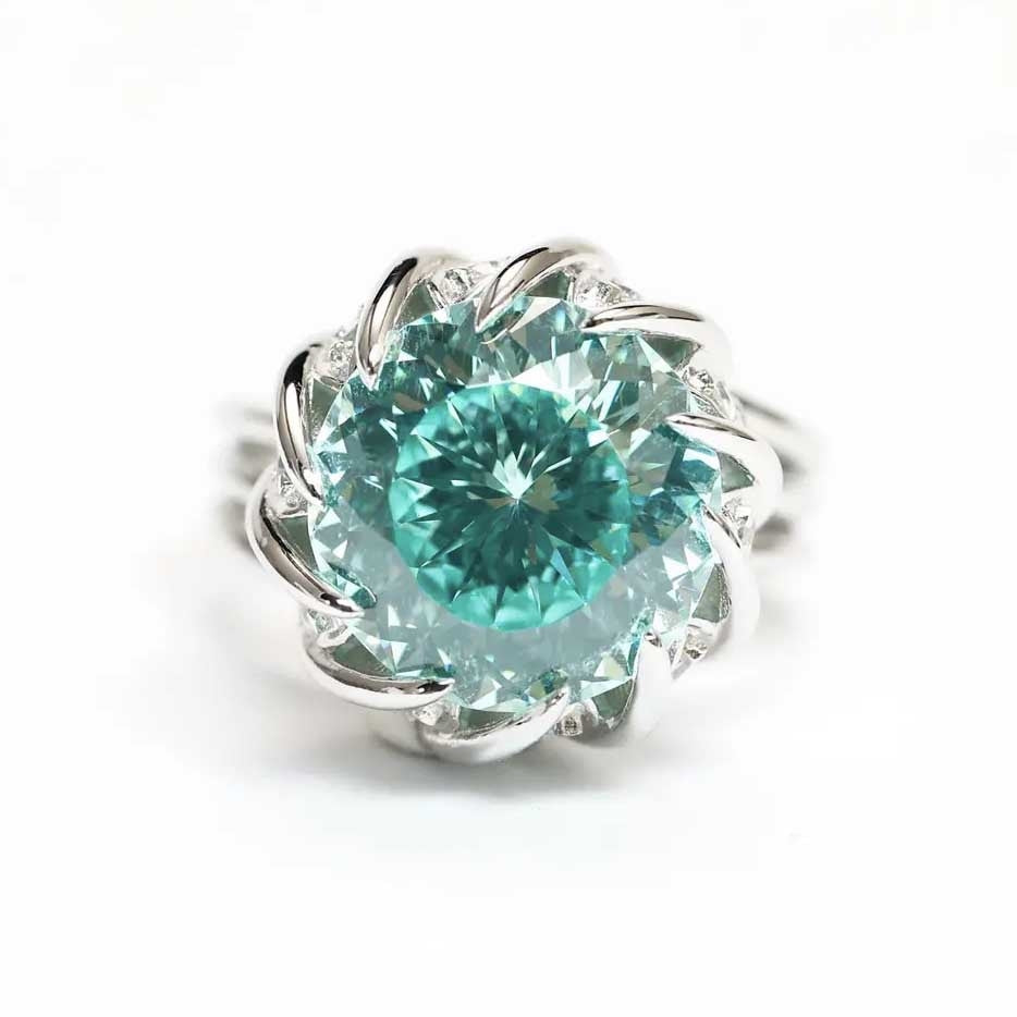 Paraiba Blue-Green Diamond Lotus Copper Adjustable Ring