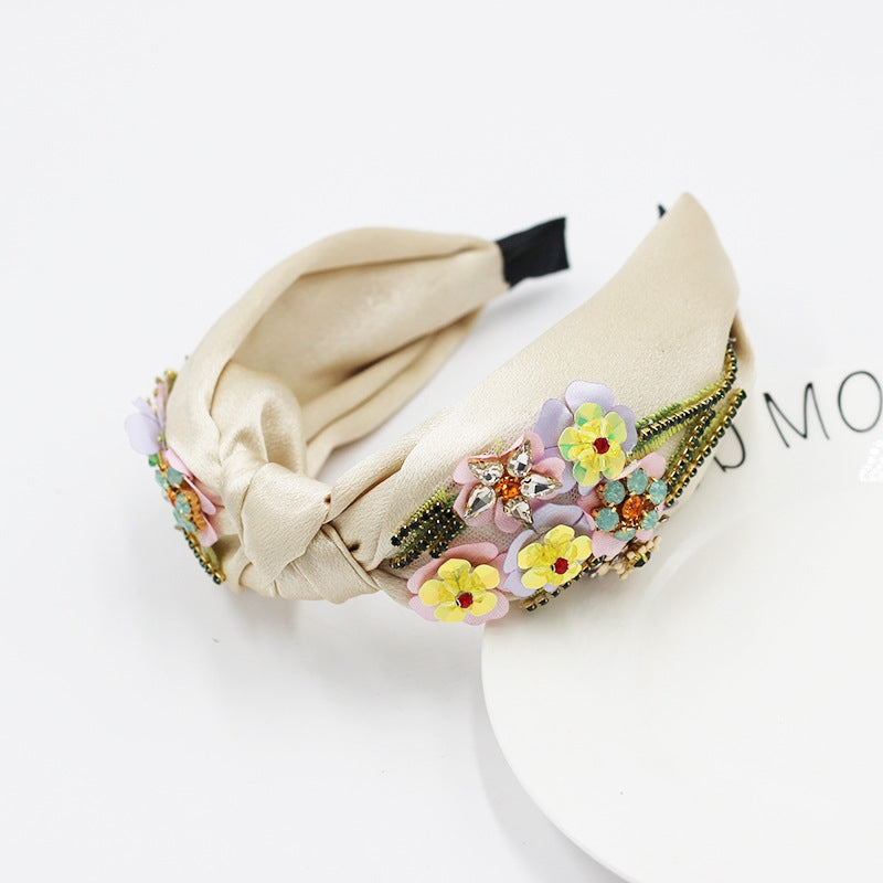 Floral Rhinestone Fabric Cross Headband - Pastoral Style Women's Hair Accessory