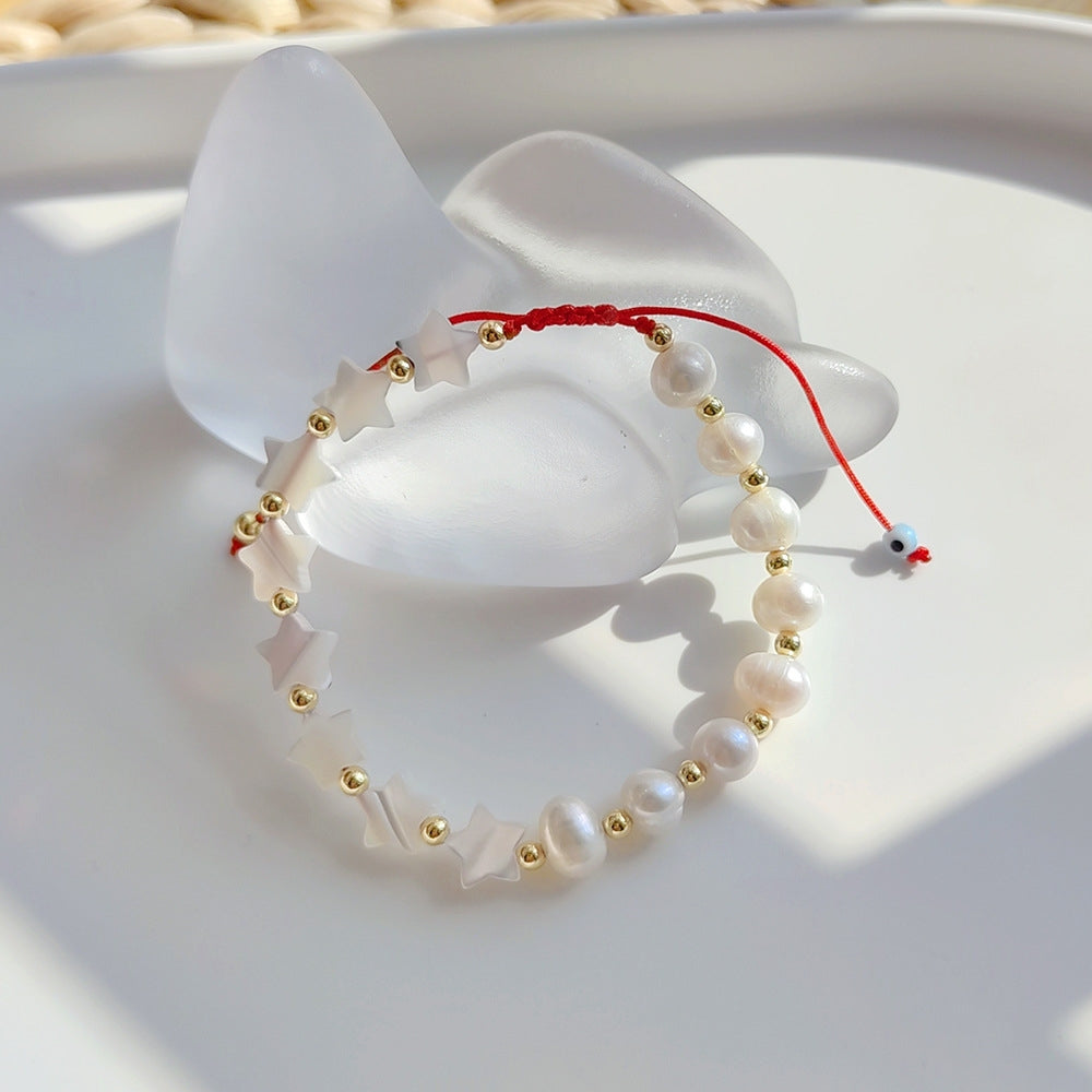 French Baroque Natural Pearl Beaded Star Bracelet - Ethnic Style Woven Shell Design