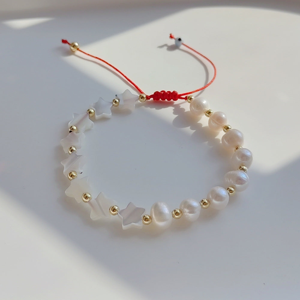 French Baroque Natural Pearl Beaded Star Bracelet - Ethnic Style Woven Shell Design