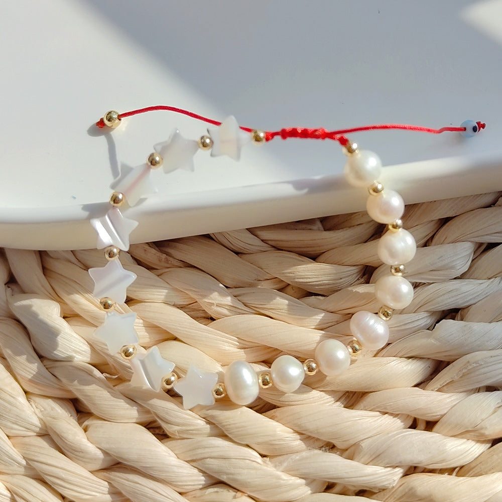 French Baroque Natural Pearl Beaded Star Bracelet - Ethnic Style Woven Shell Design