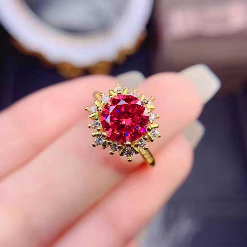 18k Gold Plated Snowflake Full Diamond Open Ring with Red Corundum Gemstone