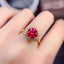 18k Gold Plated Snowflake Full Diamond Open Ring with Red Corundum Gemstone