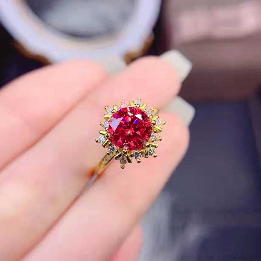 18k Gold Plated Snowflake Full Diamond Open Ring with Red Corundum Gemstone