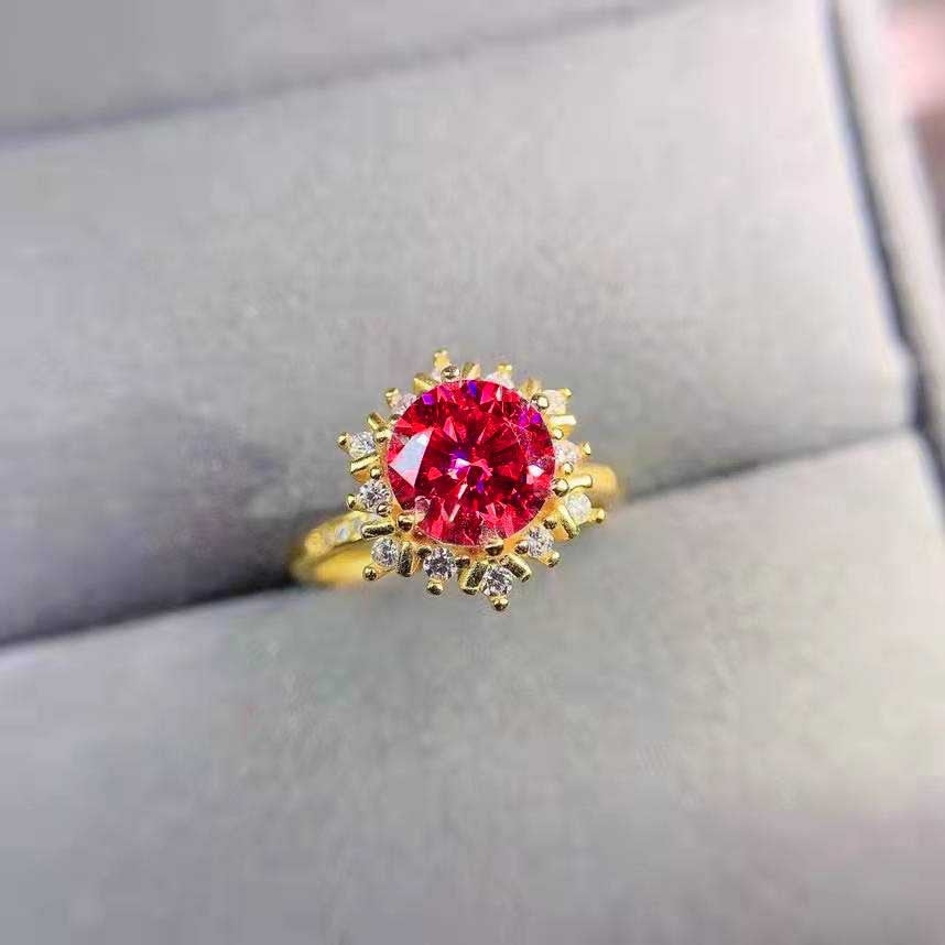 18k Gold Plated Snowflake Full Diamond Open Ring with Red Corundum Gemstone