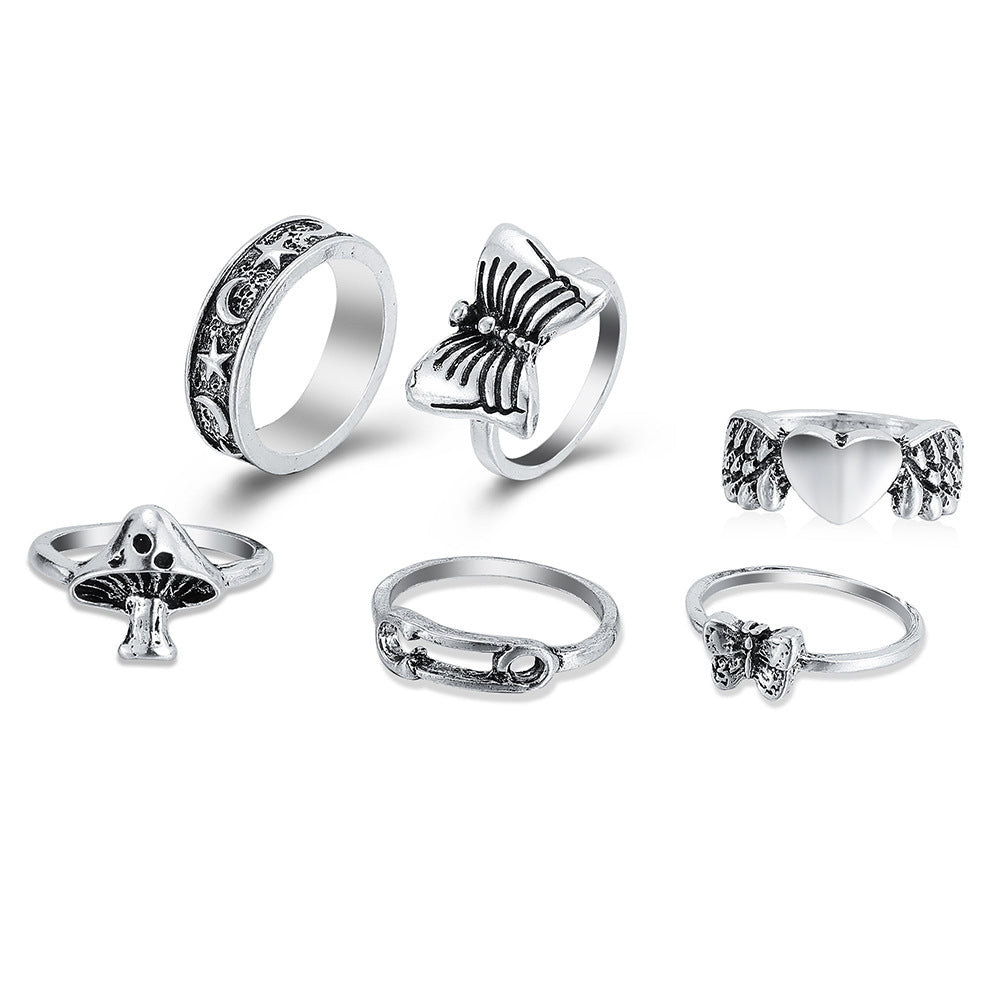 Vintage Alloy Mushroom & Heart Ring Set - 13 Pieces