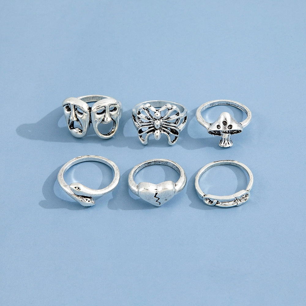 Fashion Retro Heart Butterfly Skull Snake Mushroom Alloy Ring Set - 6 Pieces