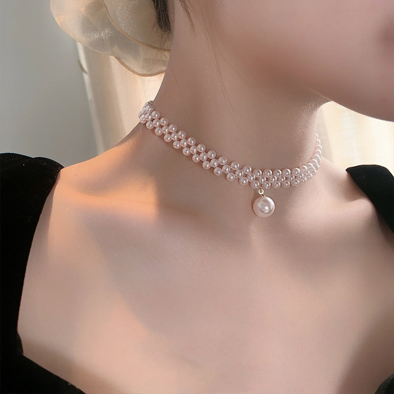 Fashion Retro Pearl Braided Choker Necklace Alloy Clavicle Chain