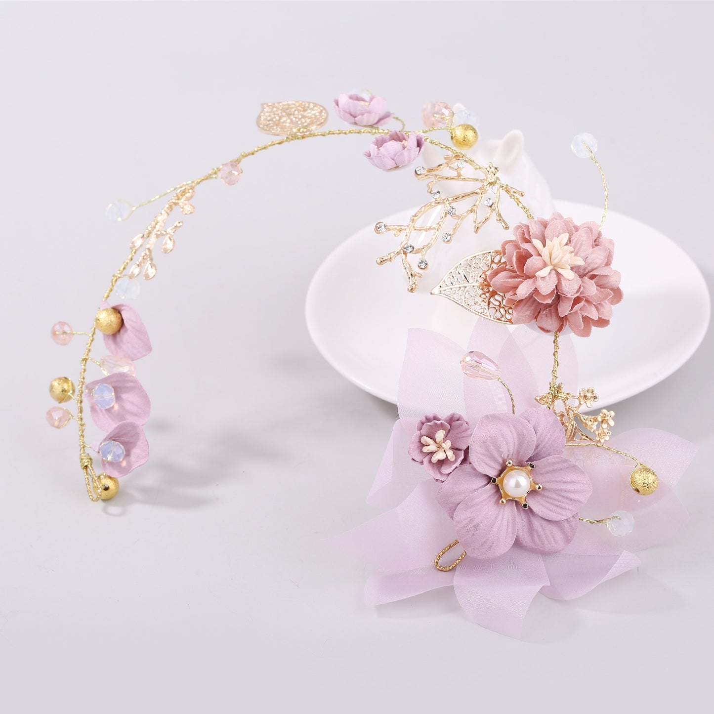 Vintage Purple Bridal Headpiece with Gold Leaf and Floral Accents