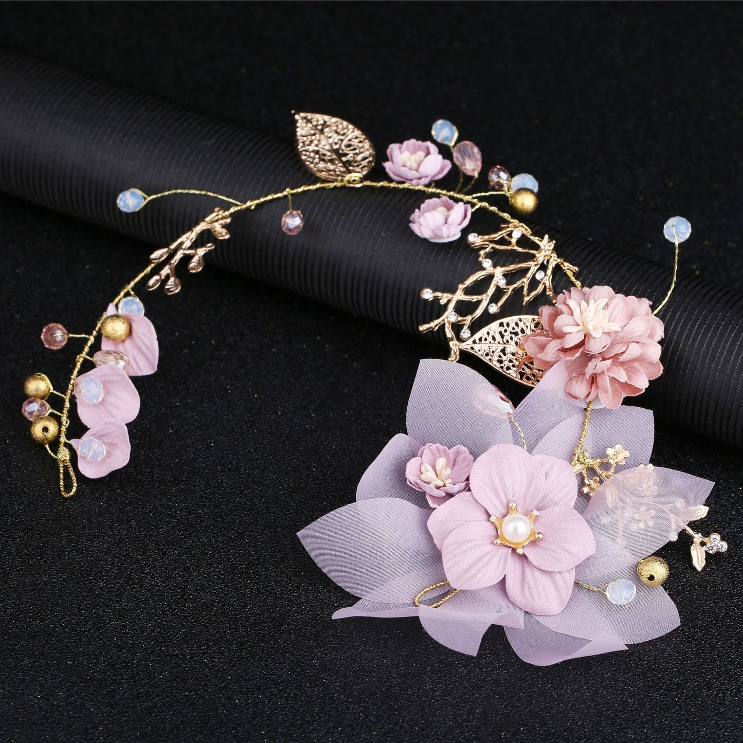 Vintage Purple Bridal Headpiece with Gold Leaf and Floral Accents