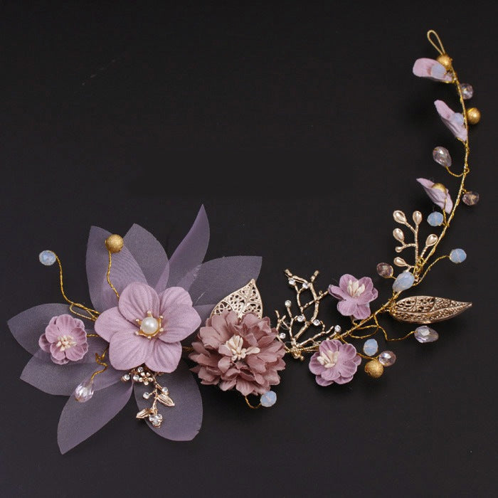 Vintage Purple Bridal Headpiece with Gold Leaf and Floral Accents