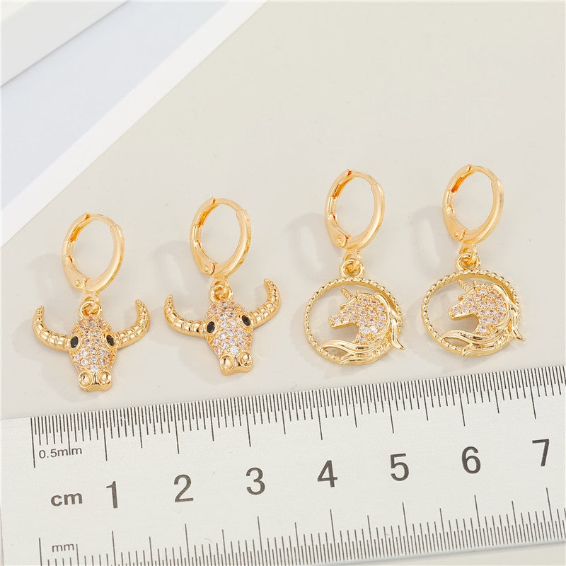 Round Hollow Zircon Alloy Unicorn and Bull Hoop Earrings