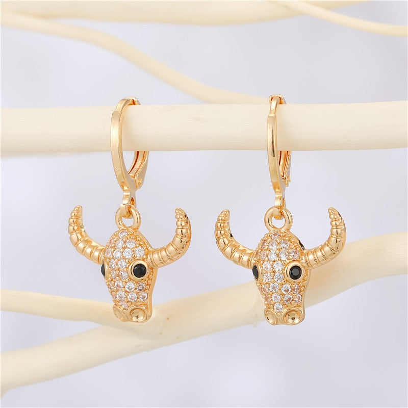 Round Hollow Zircon Alloy Unicorn and Bull Hoop Earrings