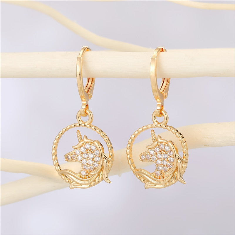 Round Hollow Zircon Alloy Unicorn and Bull Hoop Earrings