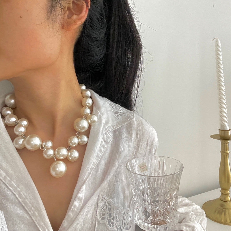 Fashion Round Imitation Pearl Beaded Pendant Necklace for Women