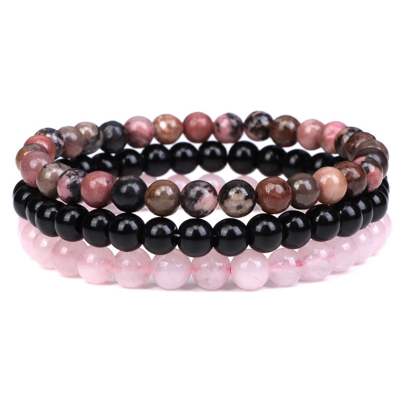 Fashion Natural Stone Beaded Bracelet Set - 6mm Pink Crystal Agate Elastic Strand