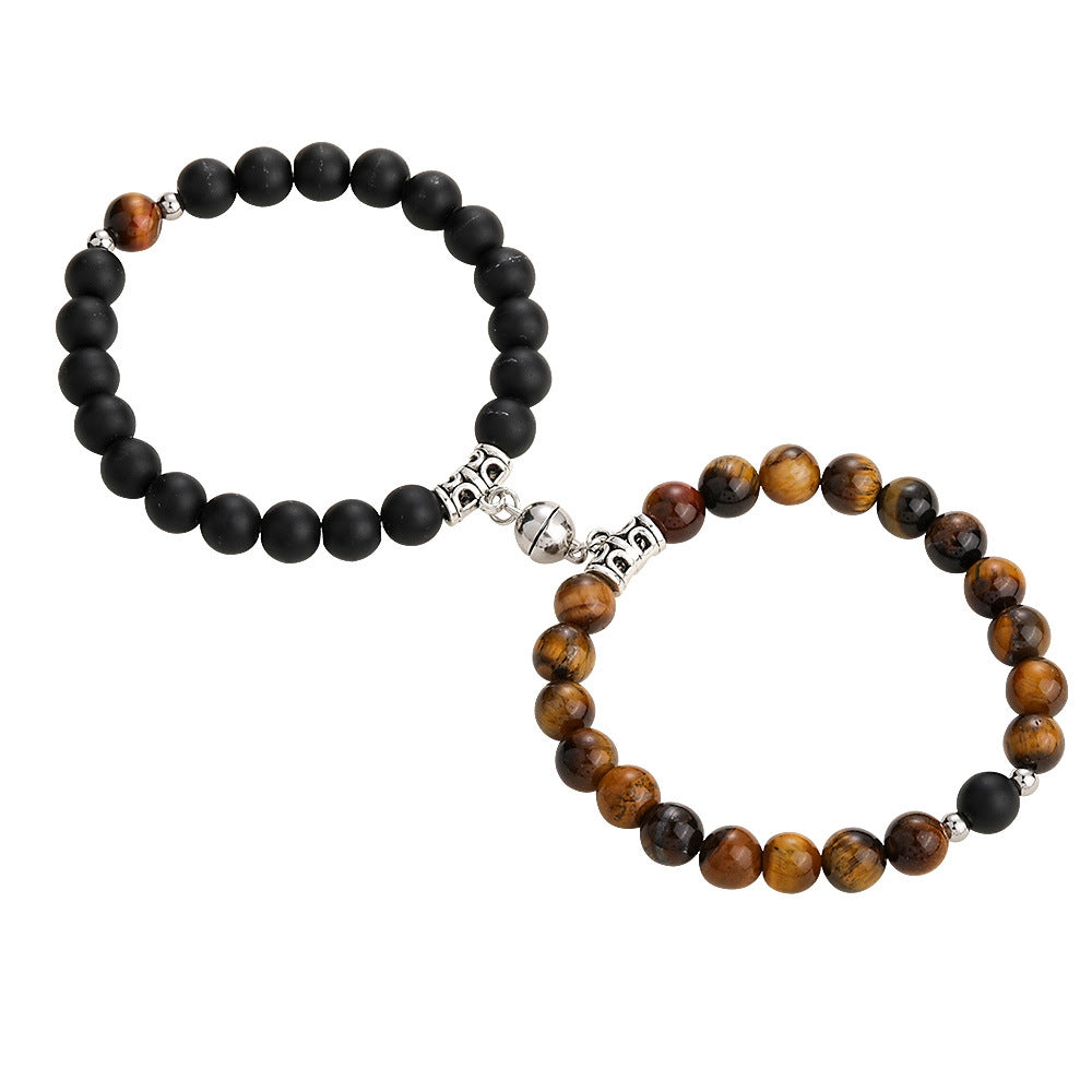 Fashion Round Stainless Steel Natural Tiger Eye Stone Magnetic Couple Bracelets