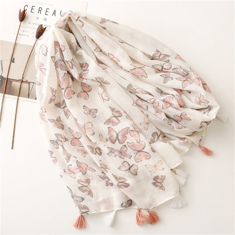 Butterfly Sprinkle Gold Pink Tassel Scarf Shawl for Women