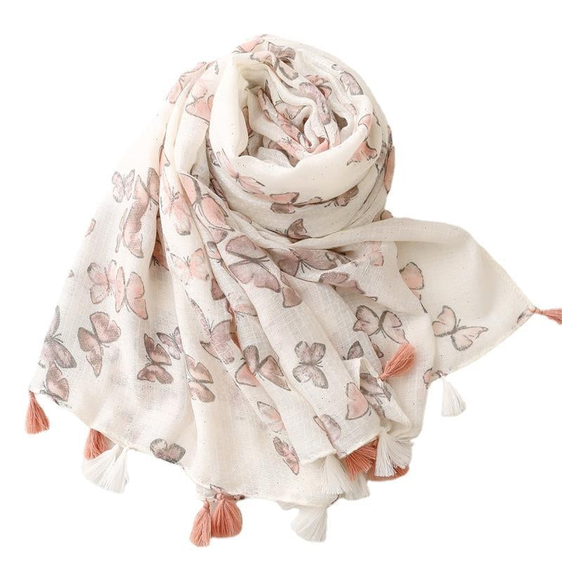 Butterfly Sprinkle Gold Pink Tassel Scarf Shawl for Women