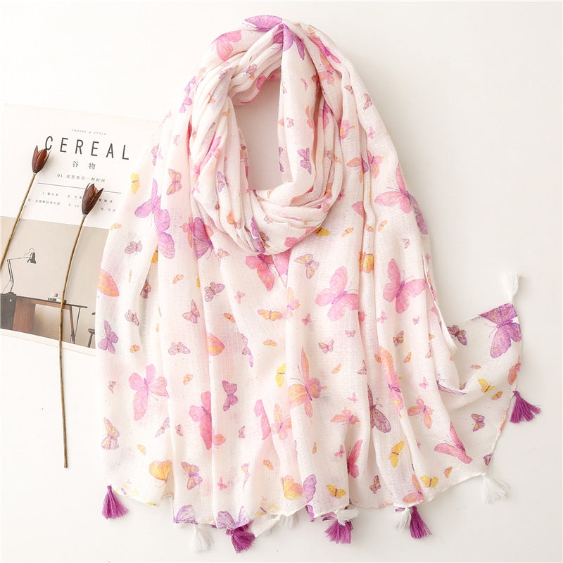 Pink Butterfly and Red Petal Print Tassel Scarf Shawl