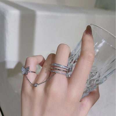 Fashion Minimalist Butterfly Chain Tassel Ring with Diamond Accent