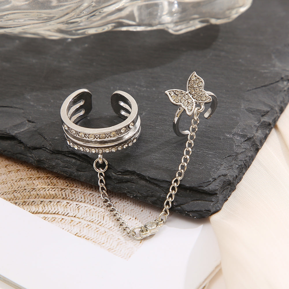 Fashion Minimalist Butterfly Chain Tassel Ring with Diamond Accent