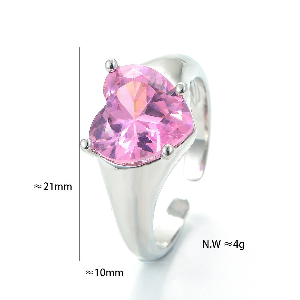 Fashion Adjustable Heart-Shaped Zircon Copper Ring