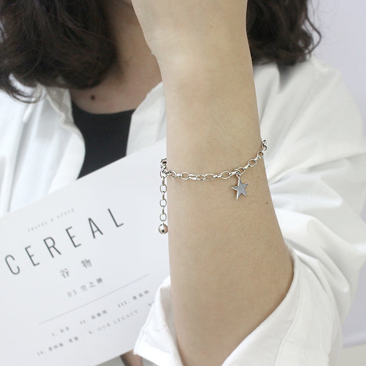 Sterling Silver Star Bead Bracelet - Korean Style S925 Five-Pointed Star Design for Women