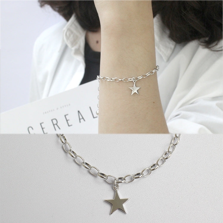 Sterling Silver Star Bead Bracelet - Korean Style S925 Five-Pointed Star Design for Women