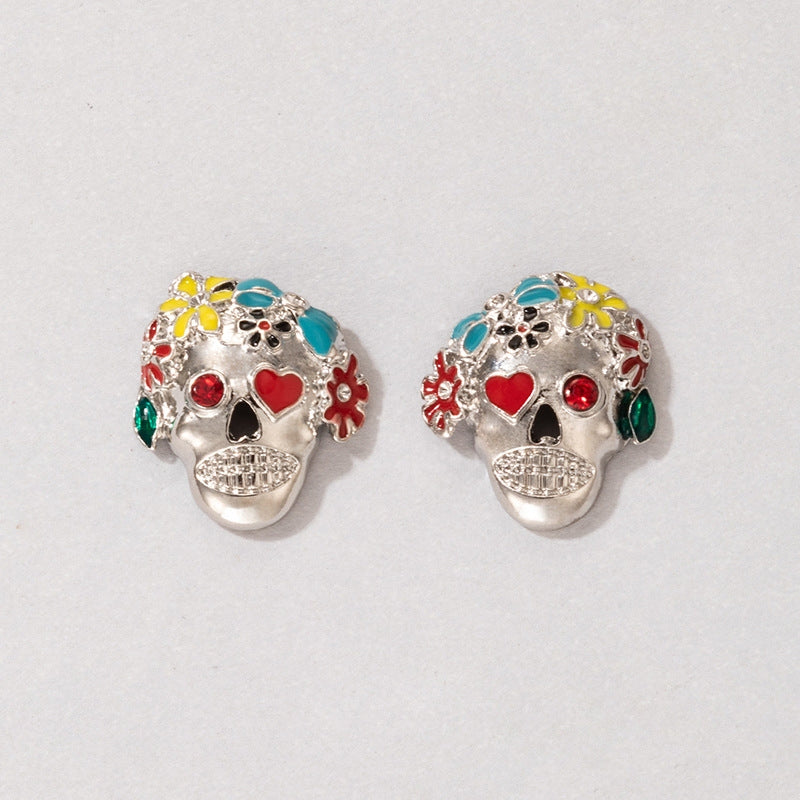 Colorful Rhinestone Skull Stud Earrings for Halloween