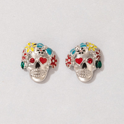 Colorful Rhinestone Skull Stud Earrings for Halloween