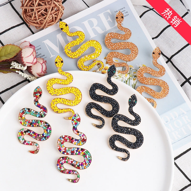 European Fashion Snake Alloy Beaded Earrings for Women