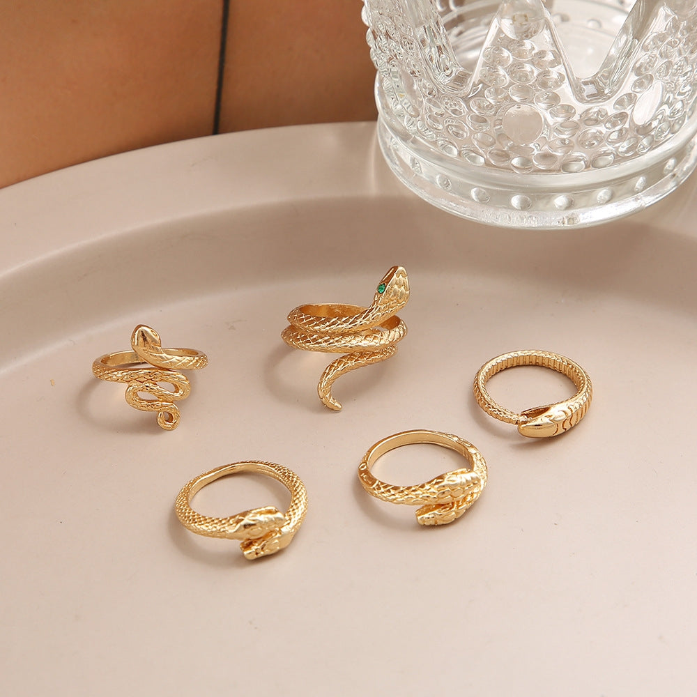 Fashion Snake Alloy Rhinestone & Moon Pearl Ring Set - 6 Pieces Women's Jewelry