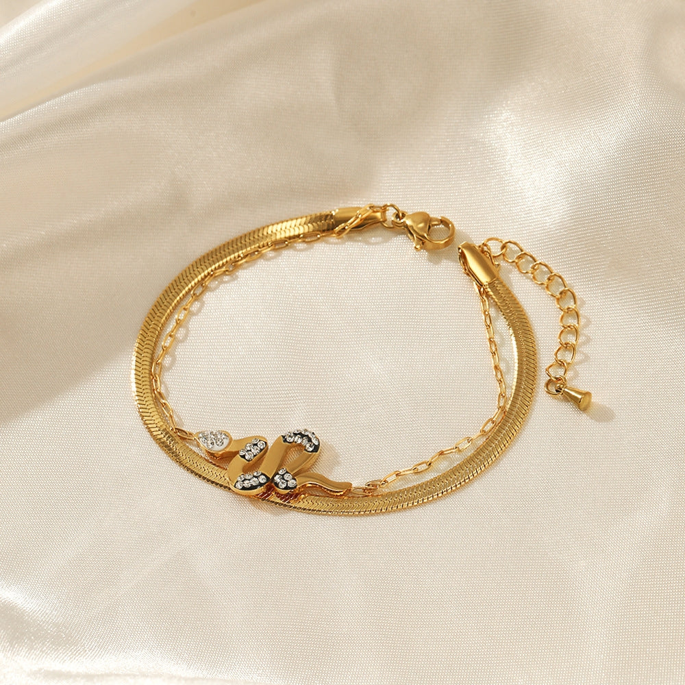 Fashion Double Layer Snake Chain Stainless Steel Gold Plated Rhinestone Bracelet for Women