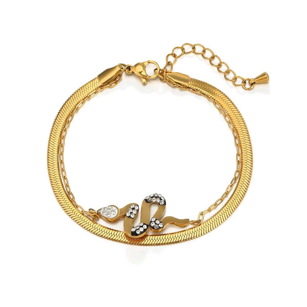 Fashion Double Layer Snake Chain Stainless Steel Gold Plated Rhinestone Bracelet for Women