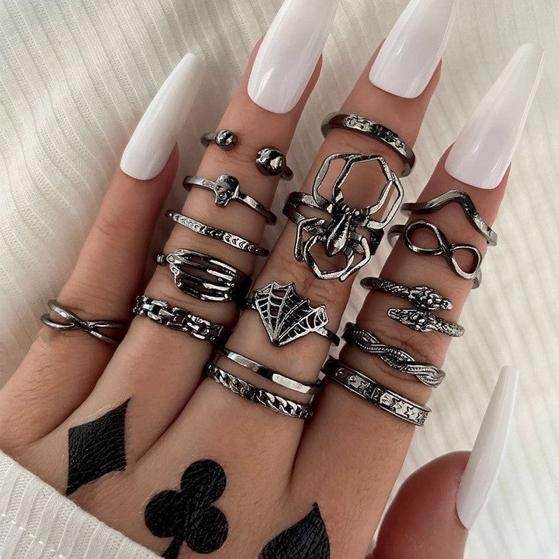 Fashion Gothic Snake and Butterfly Ring Set - 15 Pieces