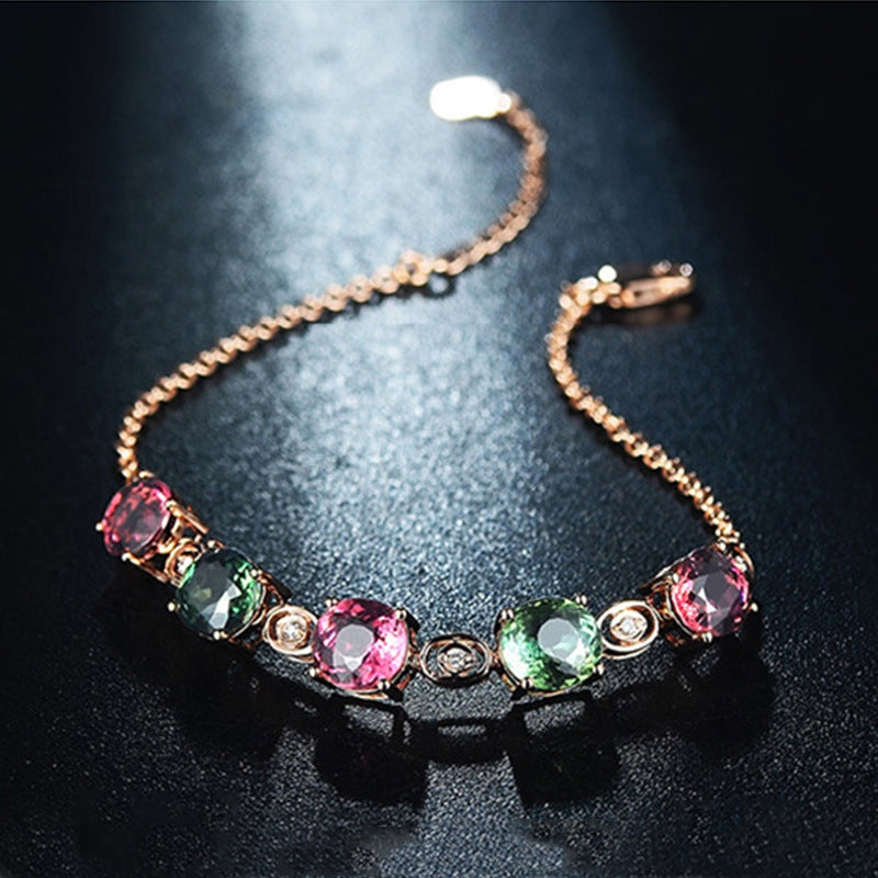 Fashion Square Copper Inlay Rainbow Crystal Gemstone Bracelet in Rose Gold Plating