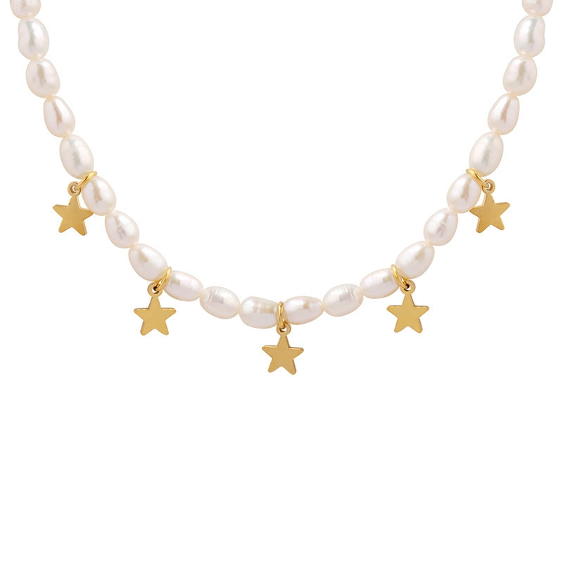 Fashion Baroque Freshwater Pearl Star Pendant Titanium Steel Necklace and Earring Set, 18k Gold Plated