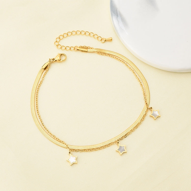 Fashion Star Titanium Steel Double Layer Anklet with Shell and Star Charm, 18k Gold Plated