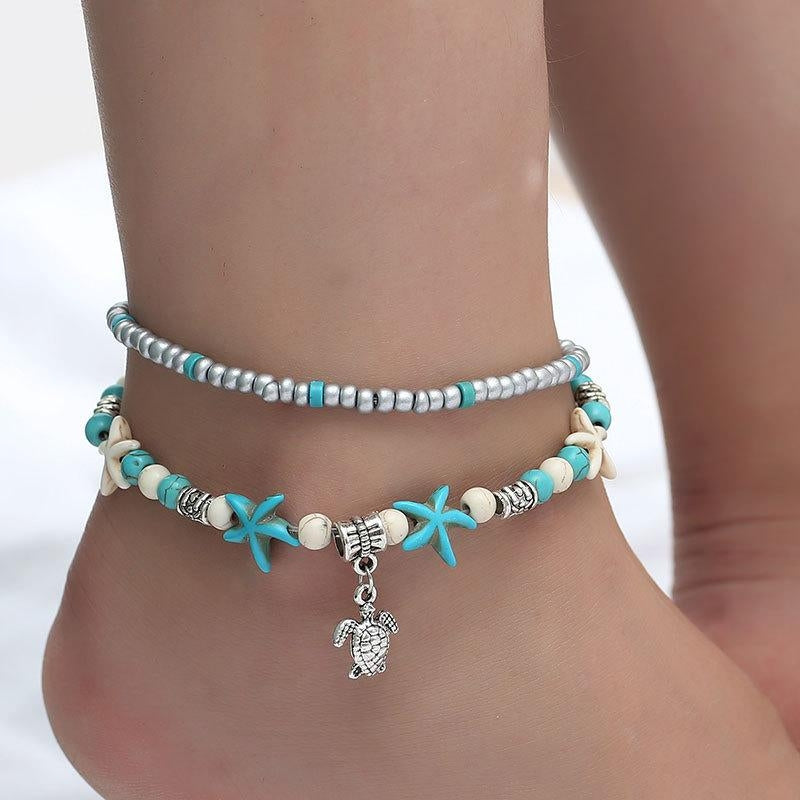 Fashion Starfish Pearl Conch and Turtle Pendant Anklet - Handmade Retro Wave Beach Foot Jewelry