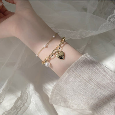 Fashion Heart Shape Pearl Pendant Women's Bracelet - Korean Style Double Pearl Chain