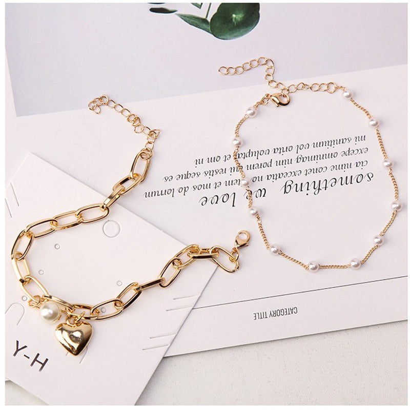 Fashion Heart Shape Pearl Pendant Women's Bracelet - Korean Style Double Pearl Chain