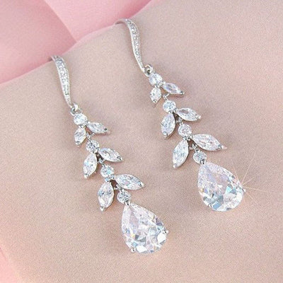 Elegant Tassel Teardrop Zircon Leaf Bridal Copper Earrings