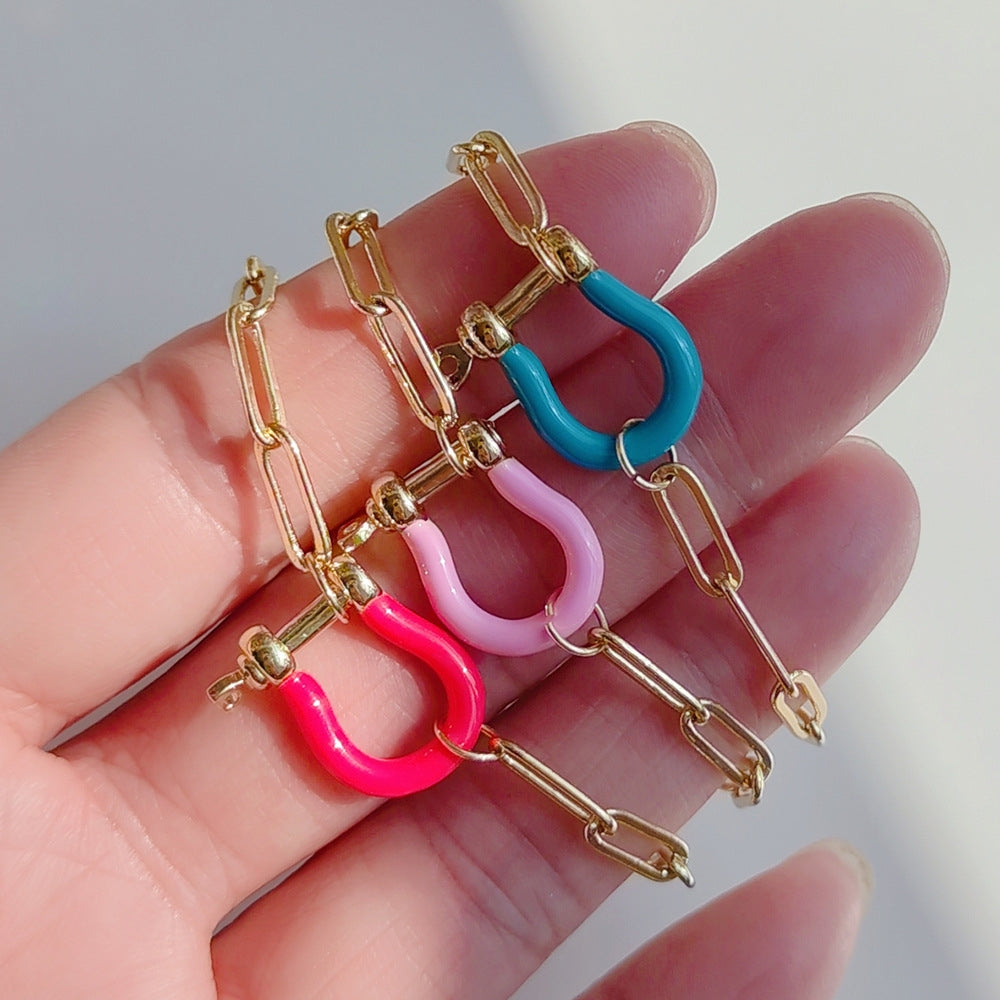 U Shape Colorful Copper Plated Chain Bracelet with Horseshoe Buckle, Women's Hip-Hop Style Jewelry